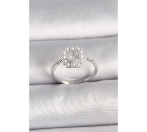 Pirinç Gümüş Renk Zirkon Taş Detaylı İncili Ayarlanabilir Yüzük