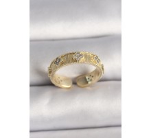 Pirinç Gold Renk Zirkon Taşlı Yonca İşlemeli Ayarlanabilir Yüzük