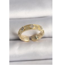 Pirinç Gold Renk Zirkon Taşlı Yonca İşlemeli Ayarlanabilir Yüzük