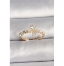 Pirinç Gümüş Renk Zirkon Taşlı Beyaz Mineli Yonca Model İnci Detay Ayarlanabilir Yüzük