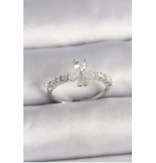 Pirinç Gümüş Renk Zirkon Taşlı Yonca Model İnci Detay Ayarlanabilir Yüzük