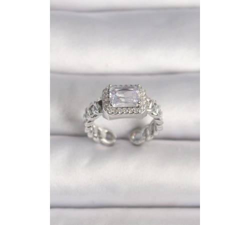 Pirinç Gümüş Renk Ayarlanabilir Zincir Kare Zirkon Taşlı Kadın Yüzük