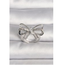 Pirinç Gümüş Renk Ayarlanabilir Zirkon Taşlı Kurdele Model Kadın Yüzük