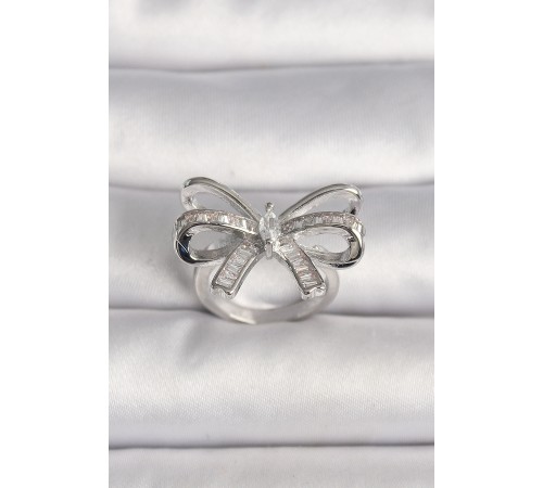 Pirinç Gümüş Renk Ayarlanabilir Zirkon Taşlı Kurdele Model Kadın Yüzük