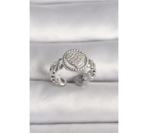 Pirinç Gümüş Renk Zincir Model Zirkon Taşlı Kalp Model Kadın Yüzük