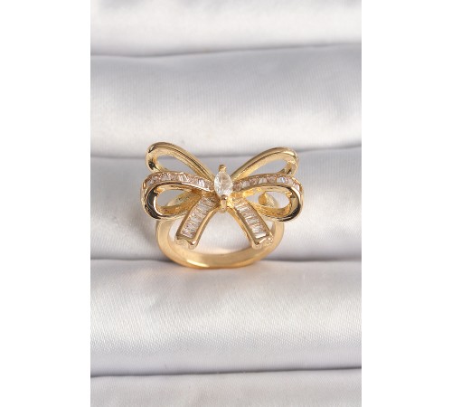 Pirinç Gold Renk Ayarlanabilir Zirkon Taşlı Kurdele Model Kadın Yüzük