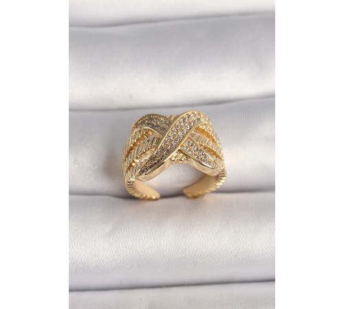 Pirinç Gold Renk Ayarlanabilir Zirkon Taşlı X Model Kadın Yüzük