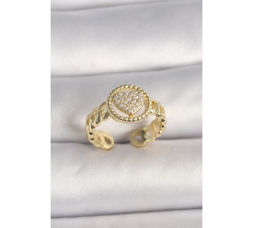 Pirinç Gold Renk Ayarlanabilir Zirkon Taşlı Kalp Model Kadın Yüzük