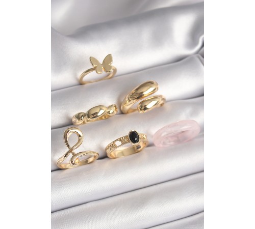 Pirinç Gold Renk Kelebek Figür Sarmal Model 6'Lı Kadın Yüzük Seti