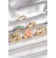Pirinç Gold Renk Daire Pembe Mineli Zirkon Taş Detaylı 6'Lı Kadın Yüzük Seti