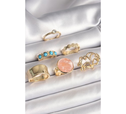 Pirinç Gold Renk Daire Pembe Mineli Zirkon Taş Detaylı 6'Lı Kadın Yüzük Seti