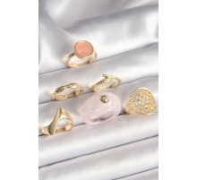 Pirinç Gold Renk Pembe Plastik Yüzük Model Daire Pembe Mine Yılan Detay 6'Lı Kadın Yüzük Seti
