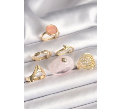 Pirinç Gold Renk Pembe Plastik Yüzük Model Daire Pembe Mine Yılan Detay 6'Lı Kadın Yüzük Seti