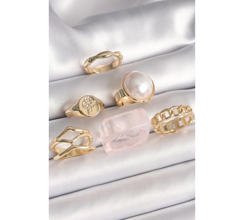 Pirinç Gold Renk Beyaz İncili Zincir Yüzük Figür İşleme Detay 6'Lı Kadın Yüzük Seti