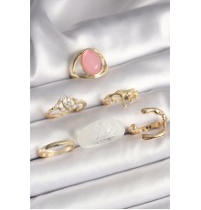 Pirinç Gold Renk Zirkon Taş Detaylı Pembe Mineli 6'Lı Kadın Yüzük Seti