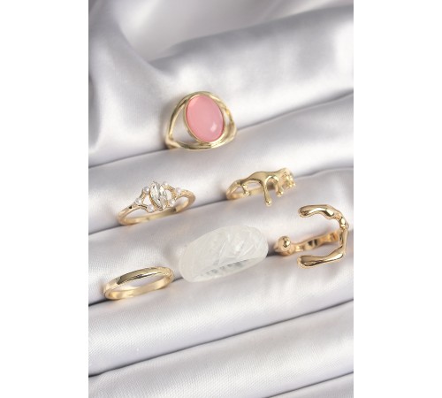 Pirinç Gold Renk Zirkon Taş Detaylı Pembe Mineli 6'Lı Kadın Yüzük Seti