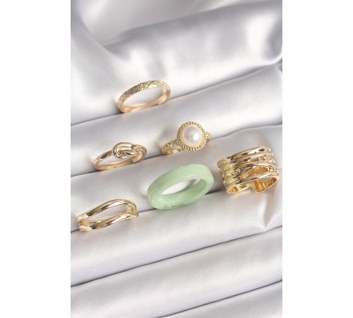 Pirinç Gold Renk Düğüm Model İncili İşlemeli Plaka Model 6'Lı Kadın Yüzük Seti