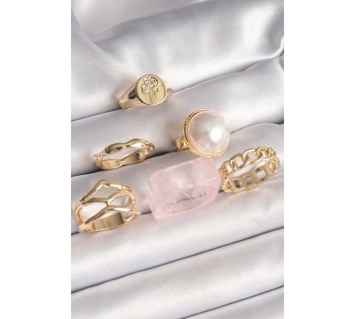 Pirinç Gold Renk Daire 3D İncili Figür Zincir Model Gül İşleme Detaylı 6'Lı Kadın Yüzük Seti