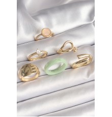 Pirinç Gold Renk Zirkon Taşlı Daire Pembe Mineli Detay 6'Lı Kadın Yüzük Seti