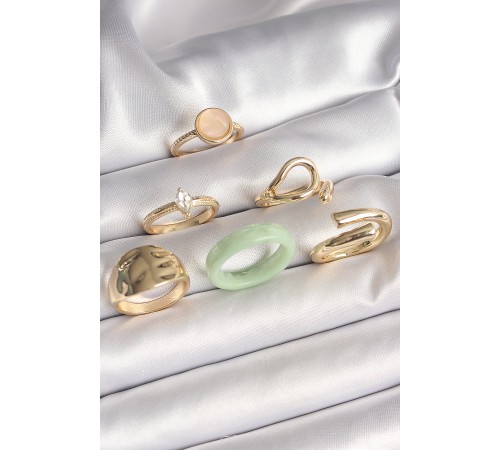 Pirinç Gold Renk Zirkon Taşlı Daire Pembe Mineli Detay 6'Lı Kadın Yüzük Seti