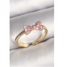 Pirinç Gold Renk Pembe Zirkon Taşlı Kalp Fiyonk Model Kadın Yüzük