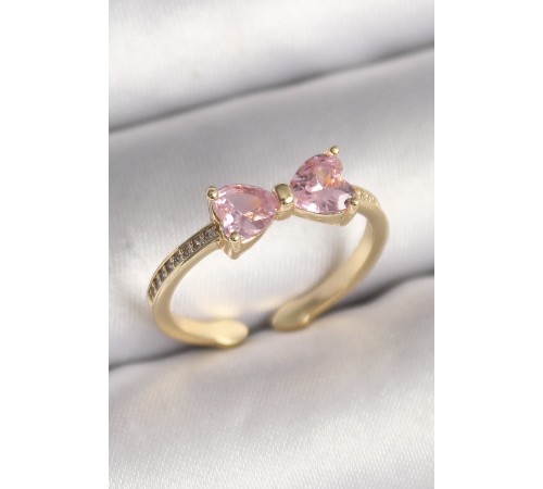 Pirinç Gold Renk Pembe Zirkon Taşlı Kalp Fiyonk Model Kadın Yüzük