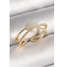 Pirinç Gold Renk Beyaz Kristal Kalp Model Zirkon Taş Detay Kadın Yüzük