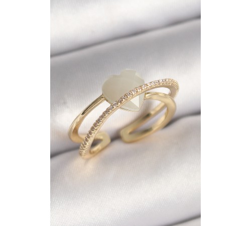 Pirinç Gold Renk Beyaz Kristal Kalp Model Zirkon Taş Detay Kadın Yüzük