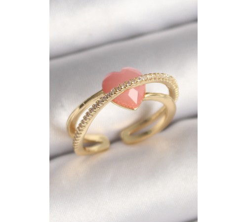 Pirinç Gold Renk Pembe Kristal Kalp Model Zirkon Taş Detaylı Kadın Yüzük