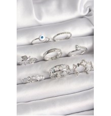 Pirinç Gümüş Renk Nazar Boncuk Detay İncili Kelebek İşlemeli Kadın Yüzük Kombini