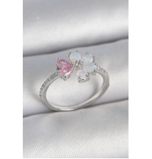 Pirinç Gümüş Renk Beyaz Mineli Pembe Zirkon Taşlı Çiçek Model Kadın Yüzük