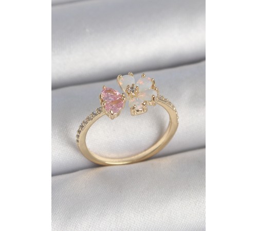 Pirinç Gold Renk Beyaz Mineli Pembe Zirkon Taşlı Çiçek Model Kadın Yüzük