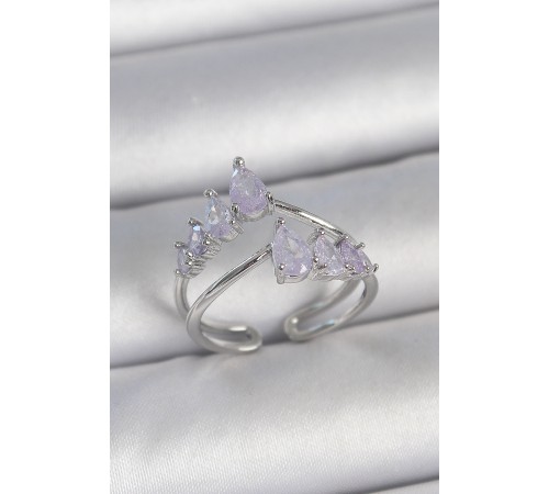 Pirinç Gümüş Renk Mor Damla Zirkon Taşlı Taç Model Kadın Yüzük