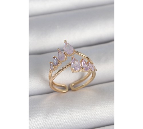 Pirinç Gold Renk Mor Damla Zirkon Taşlı Taç Model Kadın Yüzük