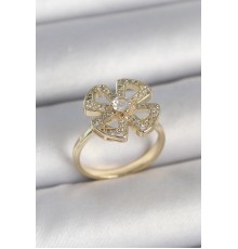 Pirinç Gold Renk Zirkon Taşlı Yonca Model Ayarlanabilir Kadın Yüzük