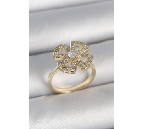 Pirinç Gold Renk Zirkon Taşlı Yonca Model Ayarlanabilir Kadın Yüzük