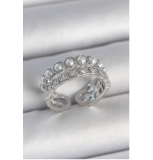 Pirinç Gümüş Renk 2'Li Sıra Zirkon Taşlı Ve İncili Ayarlanabilir Kadın Yüzük