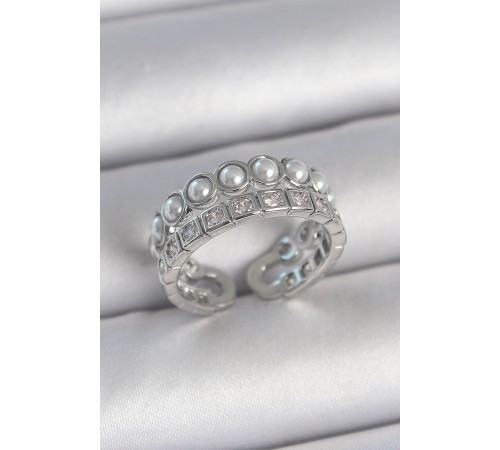 Pirinç Gümüş Renk 2'Li Sıra Zirkon Taşlı Ve İncili Ayarlanabilir Kadın Yüzük