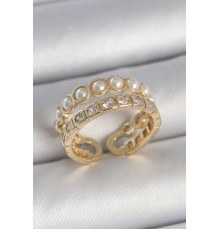 Pirinç Gold Renk 2'Li Zirkon Taşlı Ve İncili Ayarlanabilir Kadın Yüzük