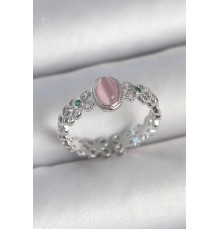 Pirinç Gümüş Renk Zirkon Taş Detaylı Pembe Mineli Damla Model Ayarlanabilir Kadın Yüzük