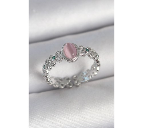 Pirinç Gümüş Renk Zirkon Taş Detaylı Pembe Mineli Damla Model Ayarlanabilir Kadın Yüzük