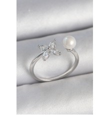 Pirinç Gümüş Renk Zirkon Taşlı Çiçek Model İnci Detay Ayarlanabilir Kadın Yüzük