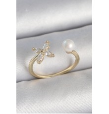Pirinç Gold Renk Zirkon Taşlı Çiçek Model İnci Detay Ayarlanabilir Kadın Yüzük