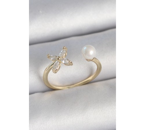 Pirinç Gold Renk Zirkon Taşlı Çiçek Model İnci Detay Ayarlanabilir Kadın Yüzük