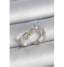 Pirinç Gümüş Renk Zirkon Taş Detaylı Renkli Mineli Ayarlanabilir Kadın Yüzük