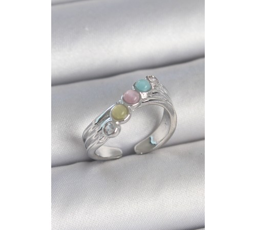 Pirinç Gümüş Renk Zirkon Taş Detaylı Renkli Mineli Ayarlanabilir Kadın Yüzük