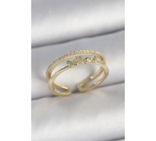 Pirinç Gold Renk 2'Li Sıra Zirkon Taş Detaylı Kelebek Figürlü Ayarlanabilir Model Kadın Yüzük