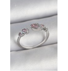 Pirinç Gümüş Renk Pembe Damla Zirkon Taşlı Ayarlanabilir Model Kadın Yüzük