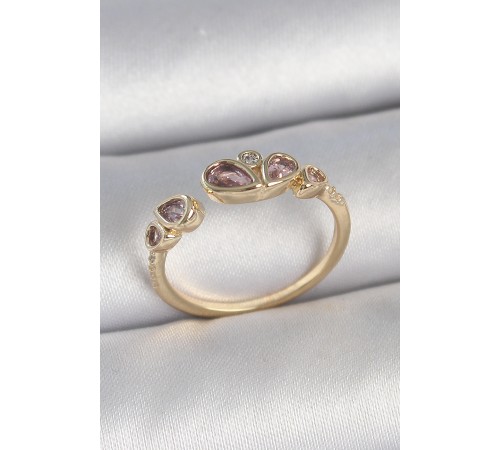 Pirinç Gold Renk Pembe Damla Zirkon Taşlı Ayarlanabilir Kadın Yüzük