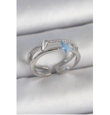 Pirinç Gümüş Renk 2'Li Zirkon Taşlı Mavi Yıldız Figür Ayarlanabilir Kadın Yüzük